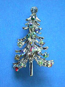 Christmas Tree Pin,Silver,Multi Color R/Ss,Vint