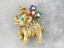 Jeweled Elephant Pin Flowers Rhinestones Vintage