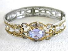 Art Deco 2 Tone Bracelet Purple Locking Cuff Filigree Signed 1933
