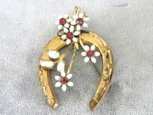 Old Horseshoe Brooch Enamel R/Ss Luck Vintage