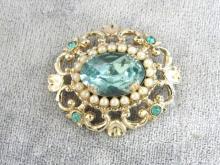 Coro Blue Stones Pin Scrolling Imitation Seed Pearls Vintage