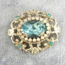 Coro Blue Stones Pin Scrolling Imitation Seed Pearls Vintage