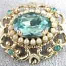 Coro Blue Stones Pin Scrolling Imitation Seed Pearls Vintage