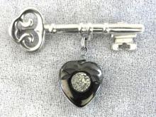 Victorian Key Coal Pyrite Heart Pin,1900s,Skeleton