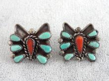 Zuni Butterfly Earrings OLD Turquoise Coral Sterling Posts