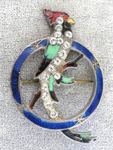 Art Deco Parrot Pin 1930s Enamel Rhinestones Beauty!