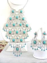 Turquoise Blue Bib Set Cascading Necklace Earrings Filigree Vintage Demi