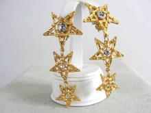 Fabulous 3 Star Earrings Rhinestones Vintage 3 1/2 Inches Long!