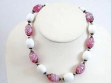 Old Art Glass Bead Necklace Pink White Swirls Fabulous