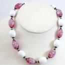 Old Art Glass Bead Necklace Pink White Swirls Fabulous