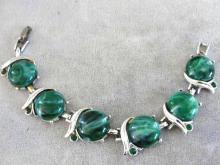 Green Marble Thermoset Bracelet Rhinestones Silver Vintage