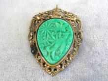 Ornate Brass Pin Pendant Celluloid Resin Insert Green Figurals Vintage
