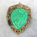 Ornate Brass Pin Pendant Celluloid Resin Insert Green Figurals Vintage