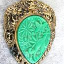 Ornate Brass Pin Pendant Celluloid Resin Insert Green Figurals Vintage