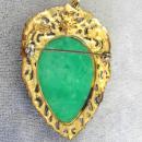 Ornate Brass Pin Pendant Celluloid Resin Insert Green Figurals Vintage