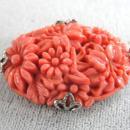 1930s Coral Celluloid Chrysanthemum Pin Prong Set Chrome