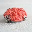 1930s Coral Celluloid Chrysanthemum Pin Prong Set Chrome
