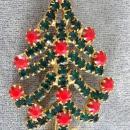 Christmas Tree Pin Red Green Rhinestones Prong Set Vintage