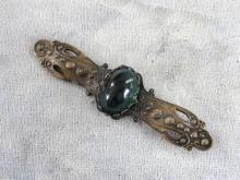 Ornate Pin Green Glass Cabochon Antiqued Oxidation