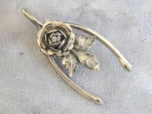 Wishbone Silver Brooch Pin Flower Rhinestone Vintage