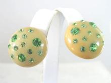 Old Resin Earrings Green Rhinestones Inset Button Style Vintage Chunky