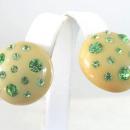 Old Resin Earrings Green Rhinestones Inset Button Style Vintage Chunky