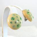 Old Resin Earrings Green Rhinestones Inset Button Style Vintage Chunky