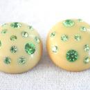 Old Resin Earrings Green Rhinestones Inset Button Style Vintage Chunky