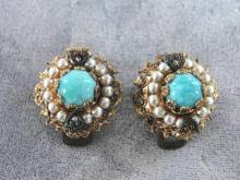 Vintage Western Germany Turquoise Blue Filigree Earrings Round