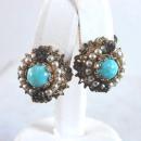 Vintage Western Germany Turquoise Blue Filigree Earrings Round