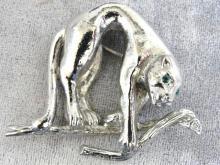 Panther Branch Brooch Pin Silver Tone Leopard Cat Green Eyes Signed