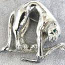 Panther Branch Brooch Pin Silver Tone Leopard Cat Green Eyes Signed