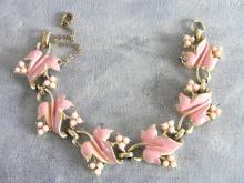 Coro Pink Enamel Bracelet Resin Beads Vintage Safety Chain Pretty!