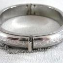 Etched Silver Tone Bangle Bracelet Hinged Locking Safety Chain Beautiful