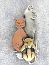 3 Cats Pin 3 Toned Mixed Metals Large Signed Vintage