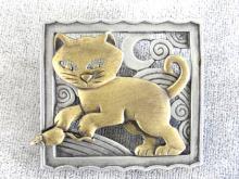 Cat Mouse Pin Signed JJ Two Tone