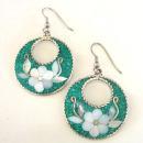 Turquoise Flower Earrings Signed Inlay Mother of Pearl Vintage Alpaca