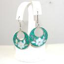 Turquoise Flower Earrings Signed Inlay Mother of Pearl Vintage Alpaca