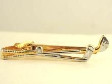 Golf Clubs Tie Clip Clasp Two Tone Ball Vintage Nice
