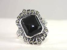 Signed Marcasite Onyx Ring Black Sterling Silver Vintage Deco