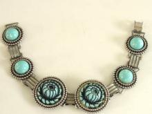 Blue Molded Bracelet Flower Link Silver Vintage Faux Turquoise