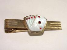 Cards Tie Clip Vintage Gambler Mother of Pearl Red Stones Poker