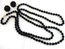 NEWHOUSE Vintage Set Black Beads 55 Inch Long Necklace Earrings Signed