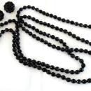 NEWHOUSE Vintage Set Black Beads 55 Inch Long Necklace Earrings Signed