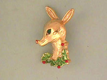 Signed Christmas Deer Head Holly Pin Vintage
