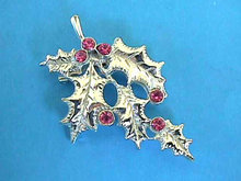 Silver HOLLY Pin Pink Rhinestones Vint Christmas