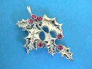 Silver HOLLY Pin Pink Rhinestones Vint Christmas