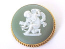 WEDGWOOD Green Cameo Pin Pendant Gold Filled Cherub