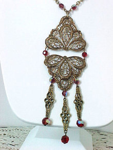 Filigree Crystal Pendant Necklace Red AB Bib Vintage