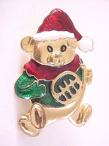 Christmas Teddy Bear Pin Red Green Enamels Vintage
